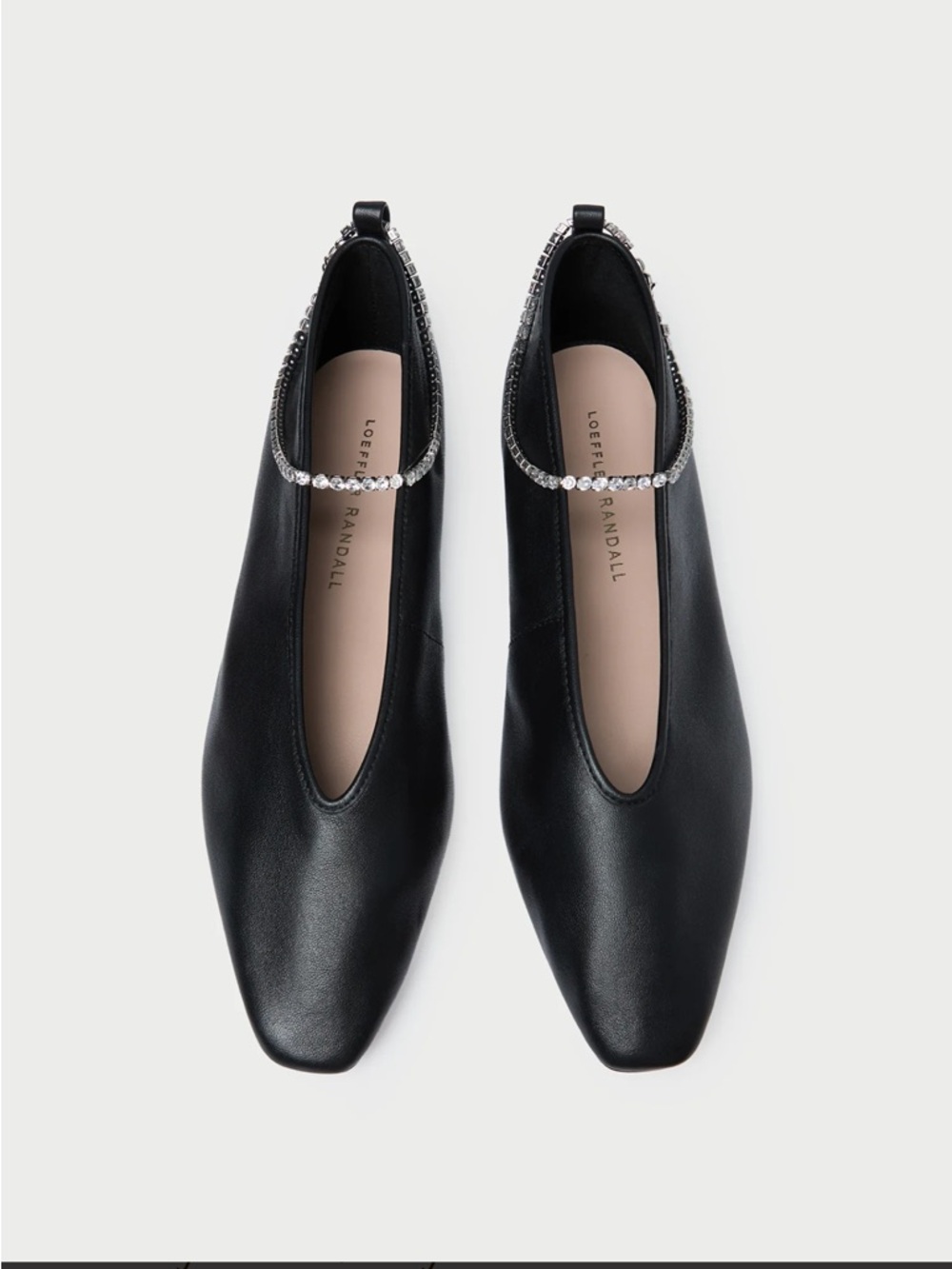Loeffler Randall Black Leather Ballet Flats with Crystal Ankle Strap